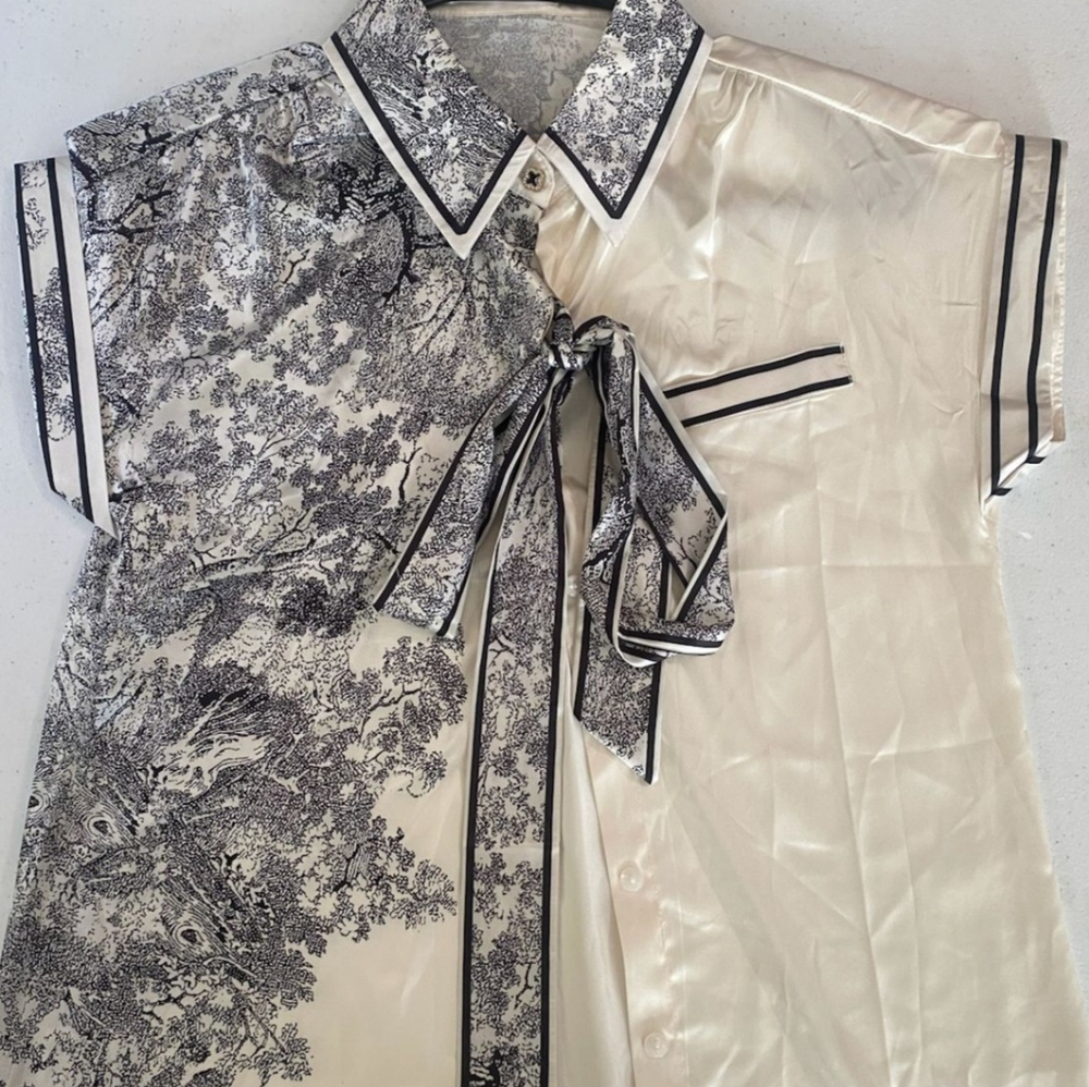 Black and Cream Patterned Blouse with Bow Detail